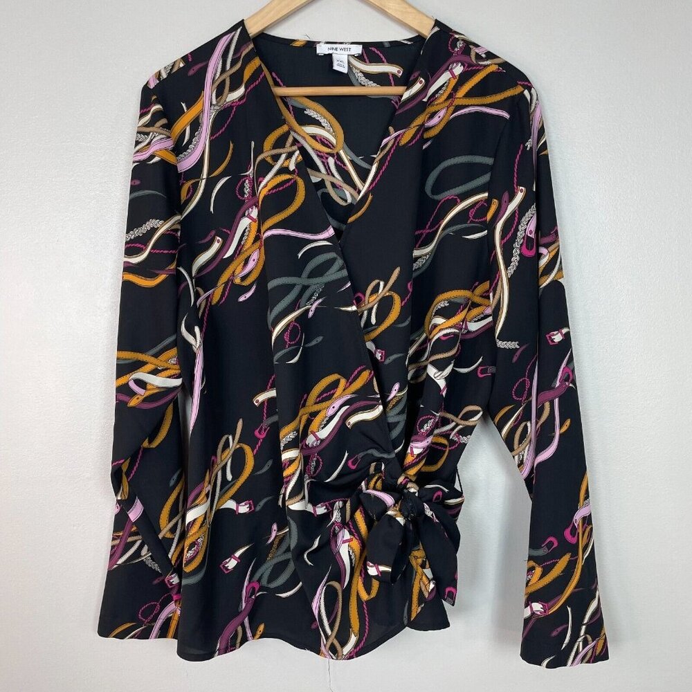 Nine West Top XXL Black Pink‎ Orange Wrap Blouse Long Sleeve Women's